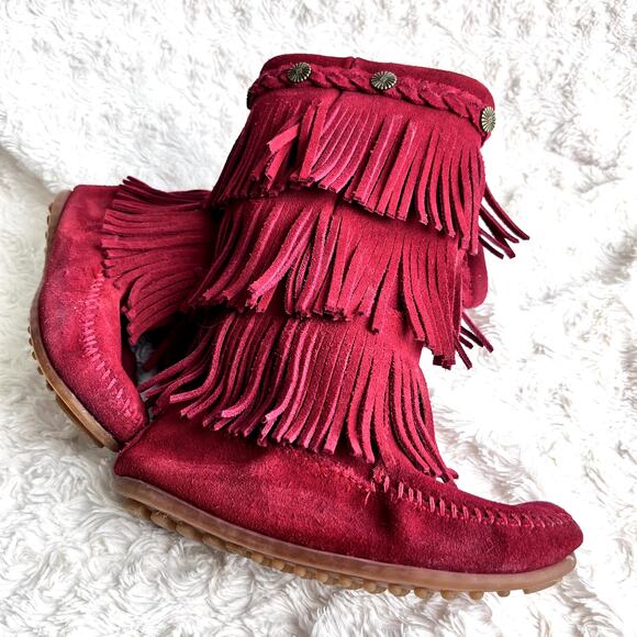 Minnetonka Suede 3-Layer Fringe Girls' Size 12 Toddler Red Zip Up Western - Picture 2 of 16